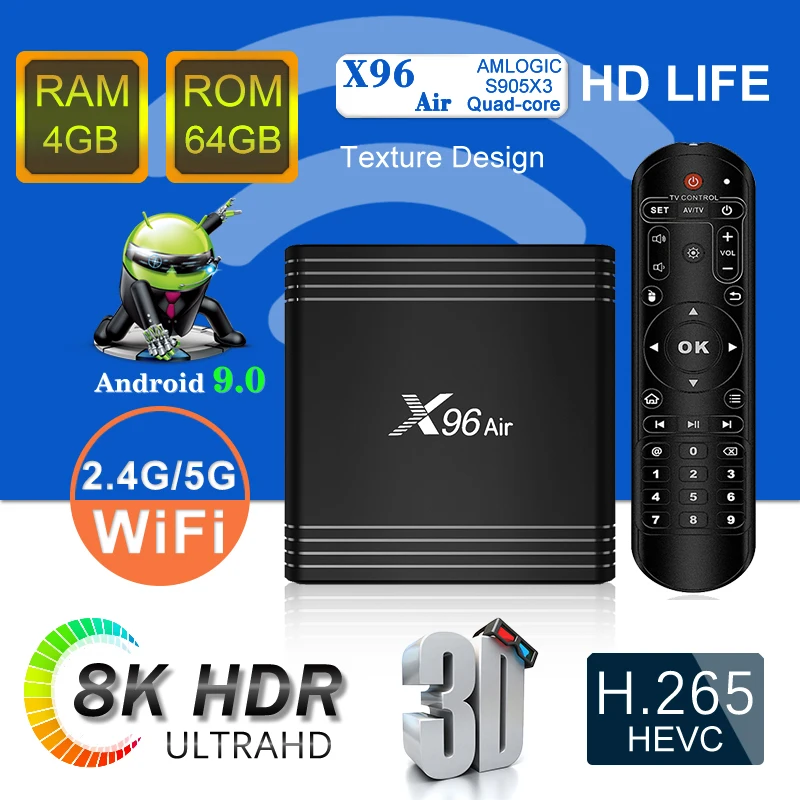 ТВ приставка X96 Air Android Amlogic S905X3 4 + 64 ГБ Wi Fi 1920x1080|ТВ-приставки и медиаплееры| |