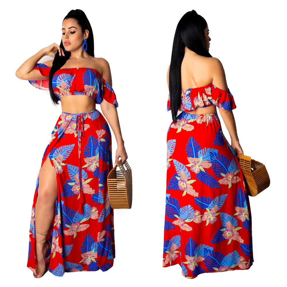 Women's fashion print ruffled sleeve wrapped chest split skirt two-piece suit 
Women's fashion print ruffled sleeve wrapped chest split skirt two-piece suit