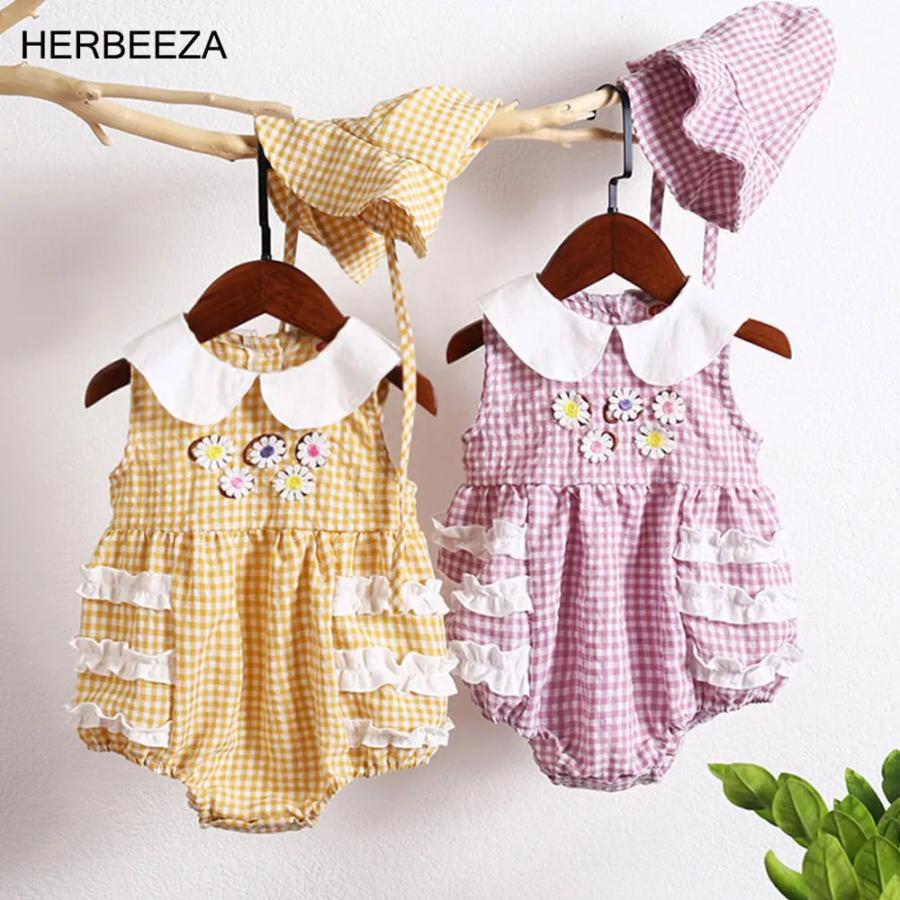 Summer Baby Girl Clothes Cute Floral Doll Collar Plaid FInfant Clothing 100% Cotton Sleeveless Bodysuit For Newborns + Hat
Summer Baby Girl Clothes Cute Floral Doll Collar Plaid FInfant Clothing 100% Cotton Sleeveless Bodysuit For Newborns + Hat