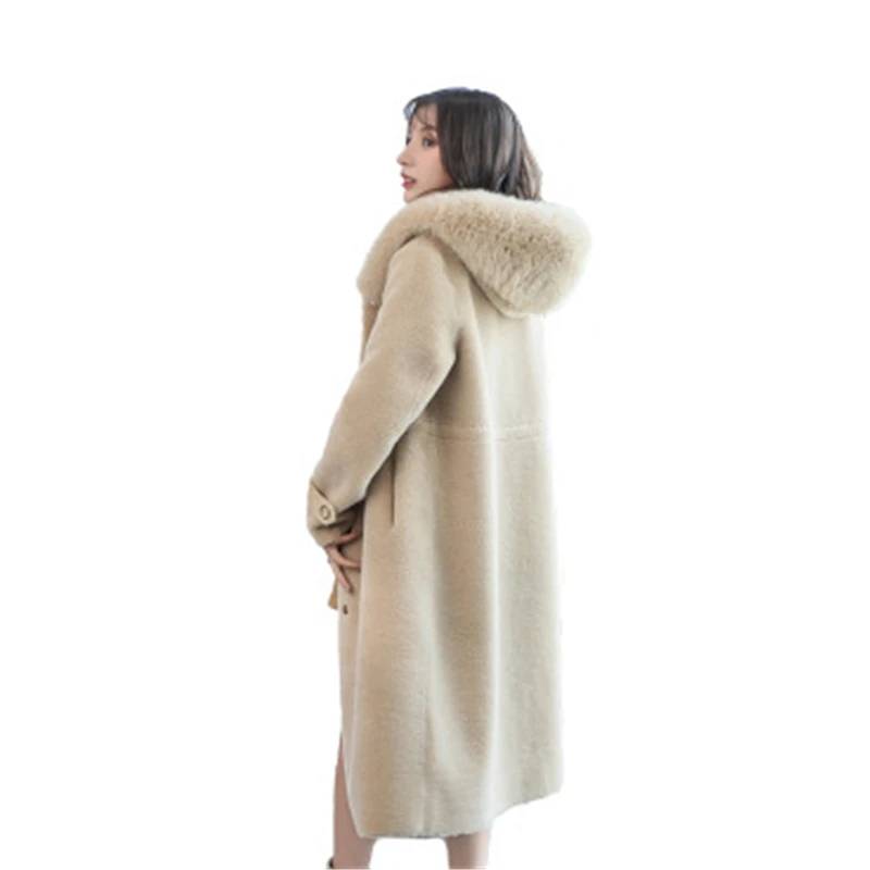 Women's Fur Coat Sheep Shearling FurCoat Female Fox Fur Collar Hooded Femme Long Wool Coat Thicken Warm Women Overcoat T703
Women's Fur Coat Sheep Shearling FurCoat Female Fox Fur Collar Hooded Femme Long Wool Coat Thicken Warm Women Overcoat T703