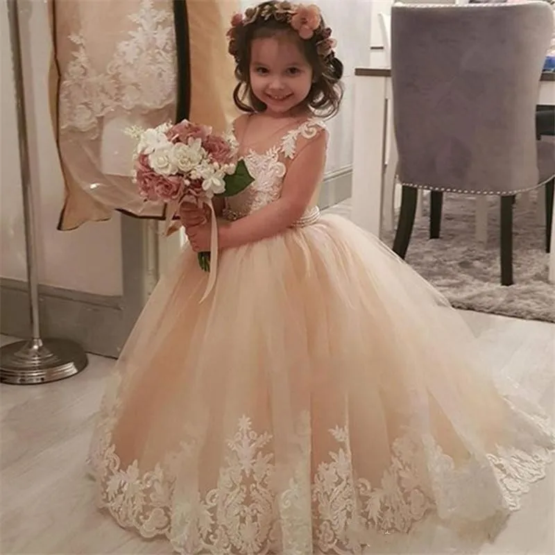 

Champagne Ball Gown Flower Girl Dresses For Wedding Floor Length Lace Applique Jewel Neck Kids Prom Dress Birthday Pageant Gowns