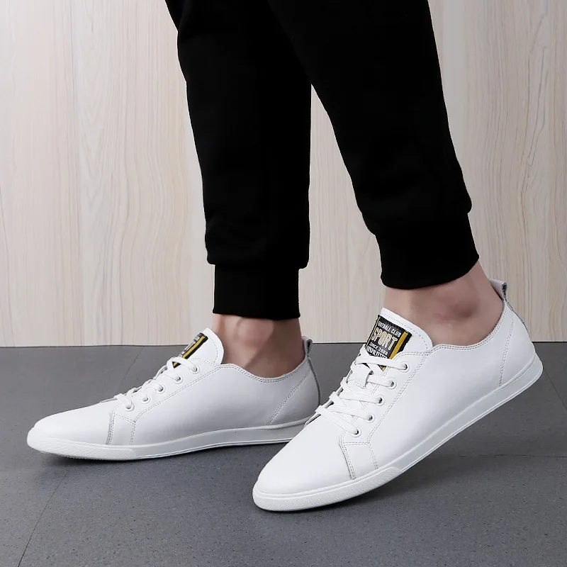 New Genuine Leather White Shoes Men Top Quality Outdoor Walking Sneakers Casual Lace-up Flats Fashion Minimalist for | Обувь