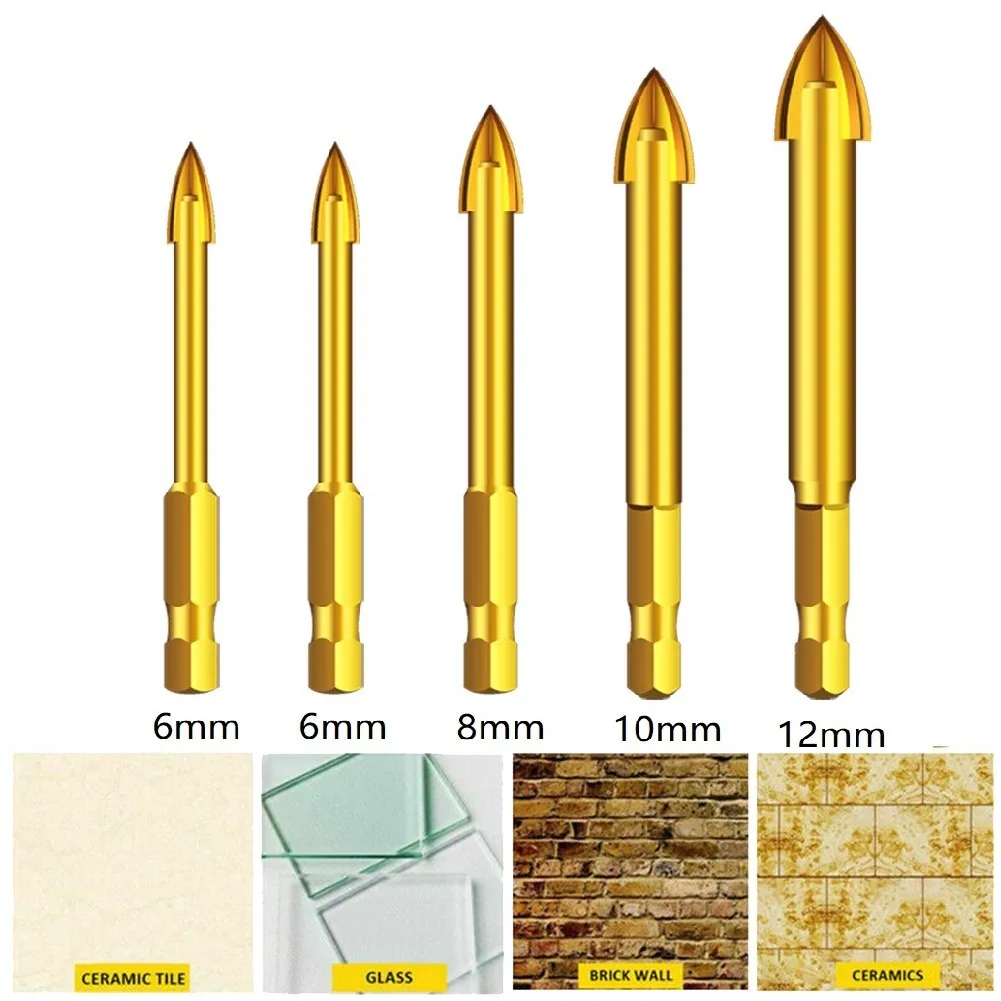 5 Pcs Cross Drill Bits 6-12mm Titanium Ceramic Tile Marble Glass Drill Bits Spear Head Hex Shank For Wood Cutter Woodworking
5 Pcs Cross Drill Bits 6-12mm Titanium Ceramic Tile Marble Glass Drill Bits Spear Head Hex Shank For Wood Cutter Woodworking