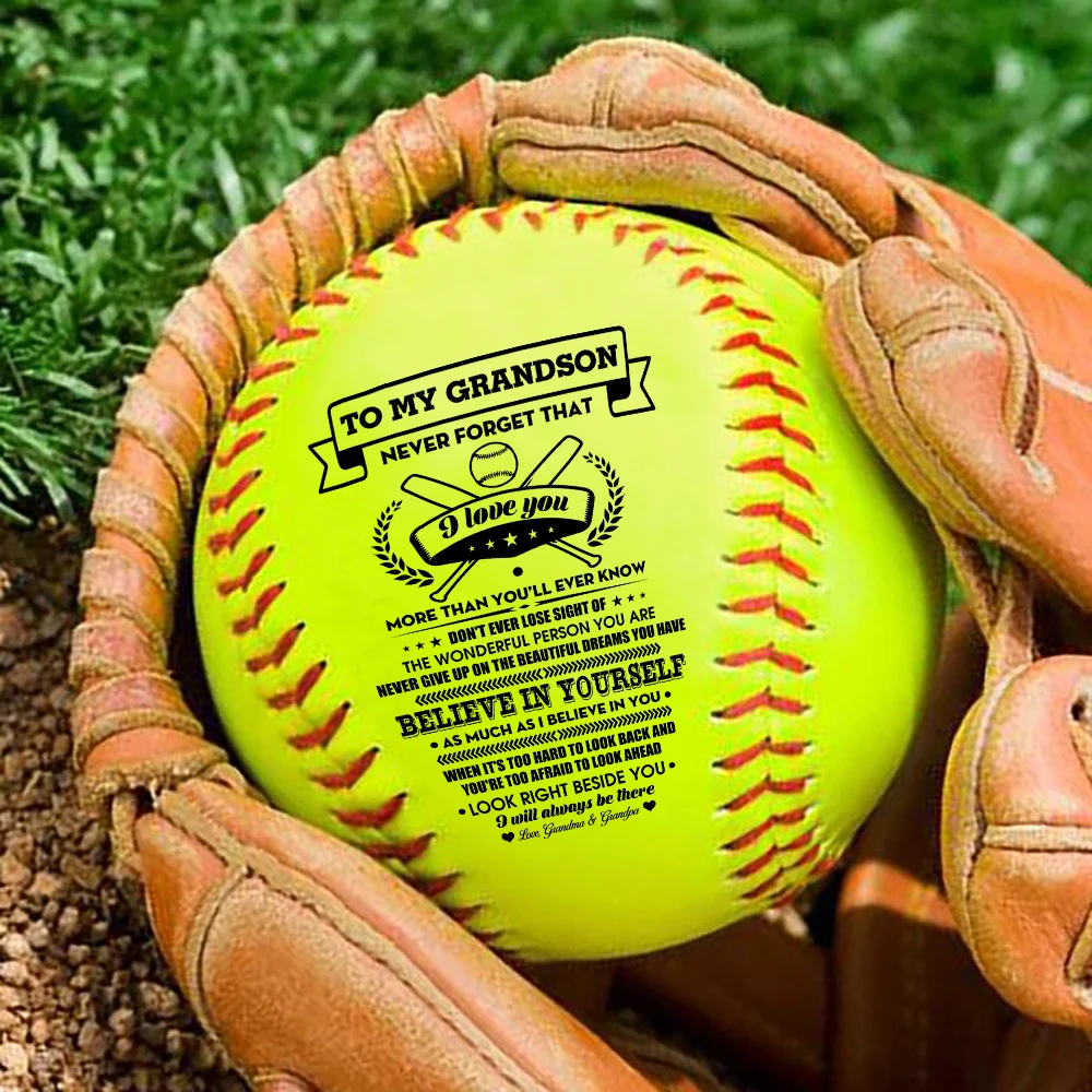 Grandma And Grandpa To Grandson gave their son a printed softball as a birthday Christmas gift.
Grandma And Grandpa To Grandson gave their son a printed softball as a birthday Christmas gift.