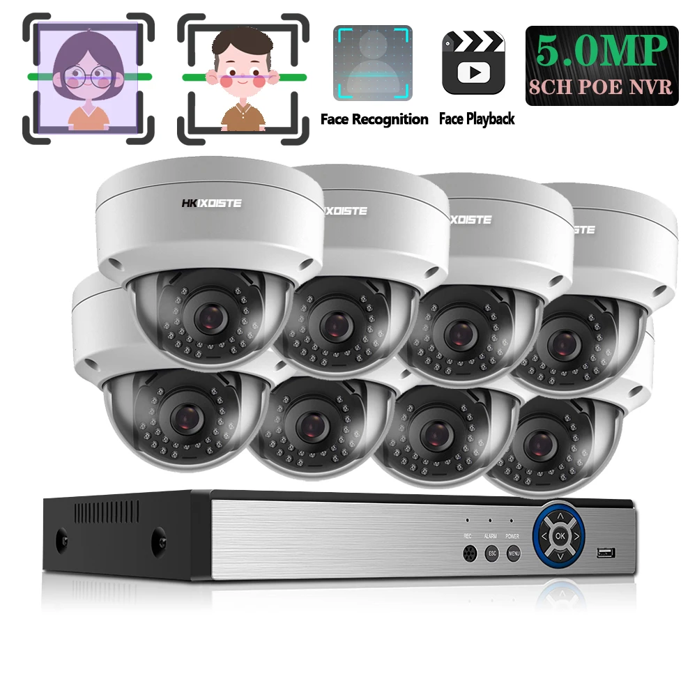 

8CH HD 5MP POE NVR Set Monitor CCTV System Face capture Record IP Dome Camera 18*18*18CM vandal-proof P2P Video Surveillance Kit