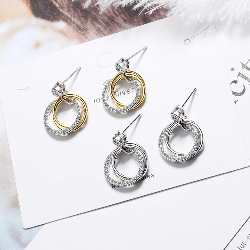 

Newest Fresh Two Tone Drop Earrings Dazzling Crystal Paved Round Circle Pendants Female Dangle Earring Wedding Accessories