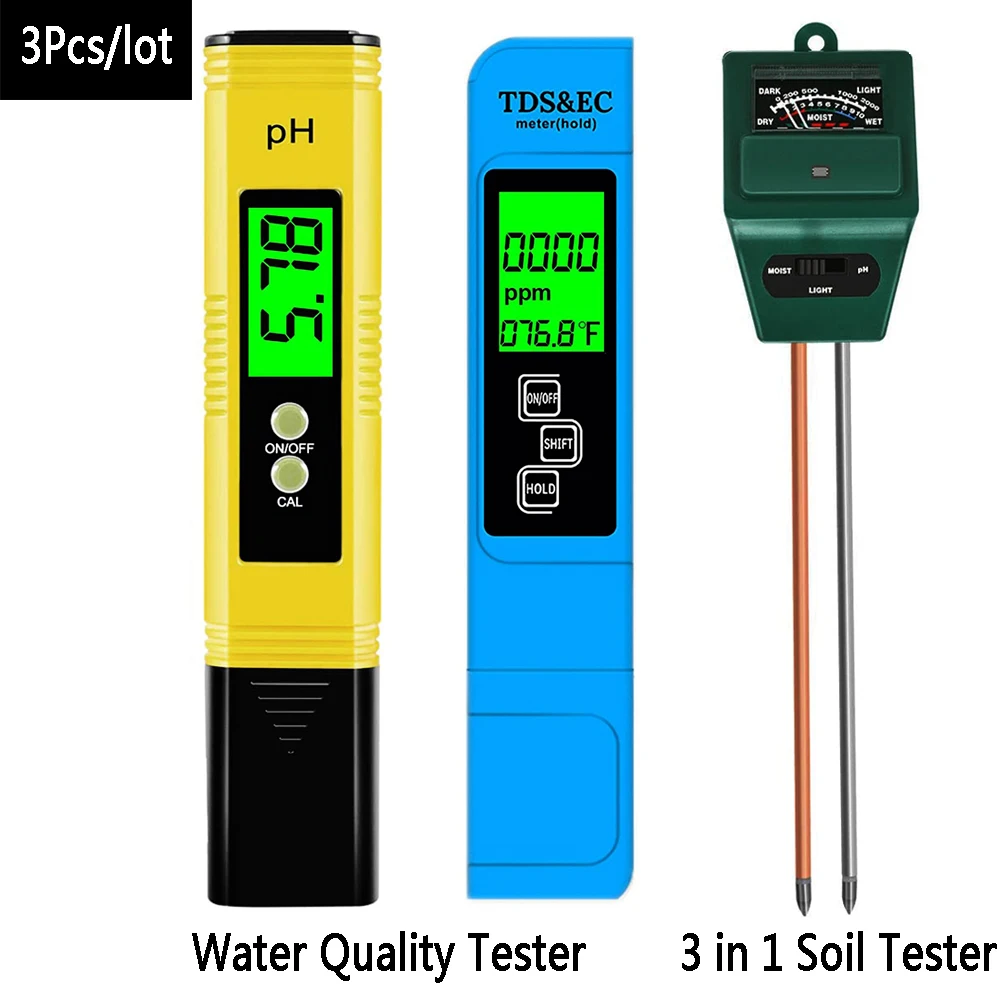 PH Meter Soil Tester Combo Water Quality Tester 3 in 1 Plant Moisture Light Level PH Analyser for Garden Farm TDS PPM Detector
PH Meter Soil Tester Combo Water Quality Tester 3 in 1 Plant Moisture Light Level PH Analyser for Garden Farm TDS PPM Detector