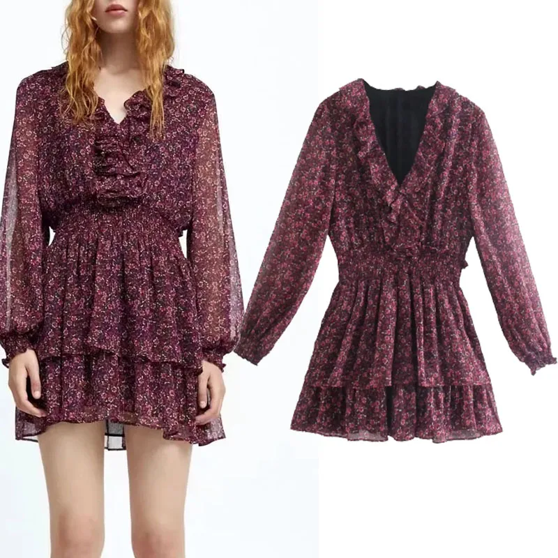 Xypskh Za Women Autumn New Fashion Printed Ruffle Mini Dress Vintage V-neck Long Sleeve Elastic Waist Female Dresses Mujer
Xypskh Za Women Autumn New Fashion Printed Ruffle Mini Dress Vintage V-neck Long Sleeve Elastic Waist Female Dresses Mujer