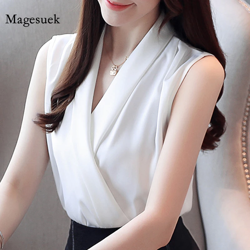 

Summer Sleeveless Chiffon Blouses Women New Elegant Silk Satin V-neck Tops Fashion Korean Office Ladies White Blouse Blusas 3534