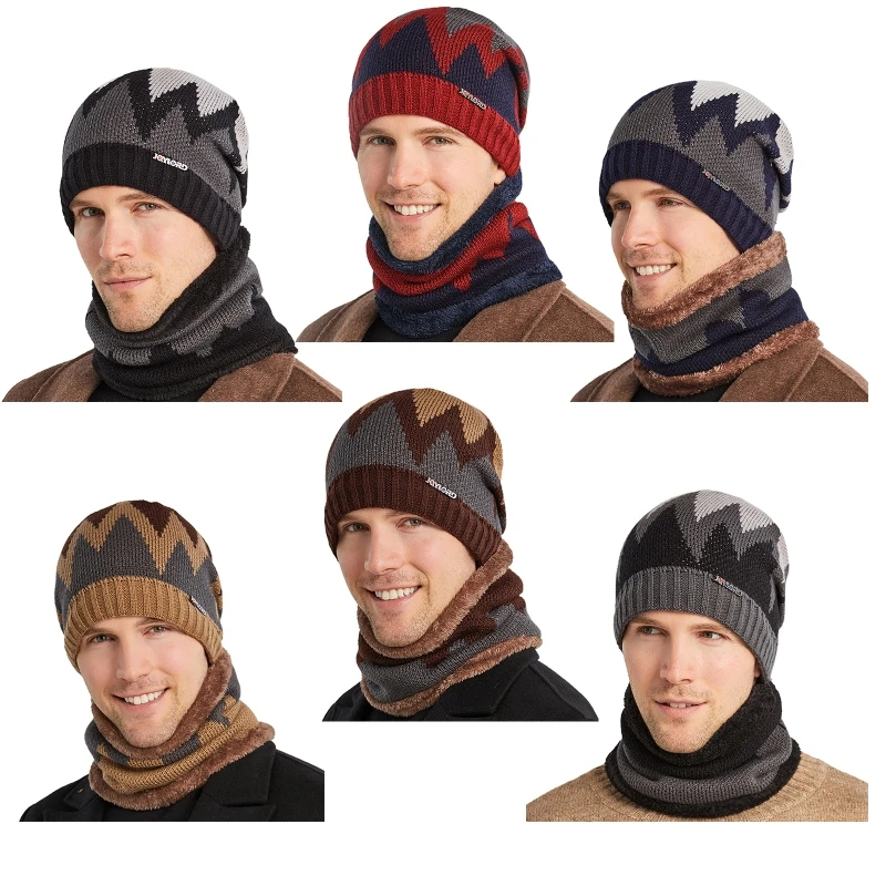 

2Pcs Men Winter Flame Pattern Knitted Beanie Hat Circle Scarf Set Cycling Windproof Plush Lined Skull Cap Neck Warmer
