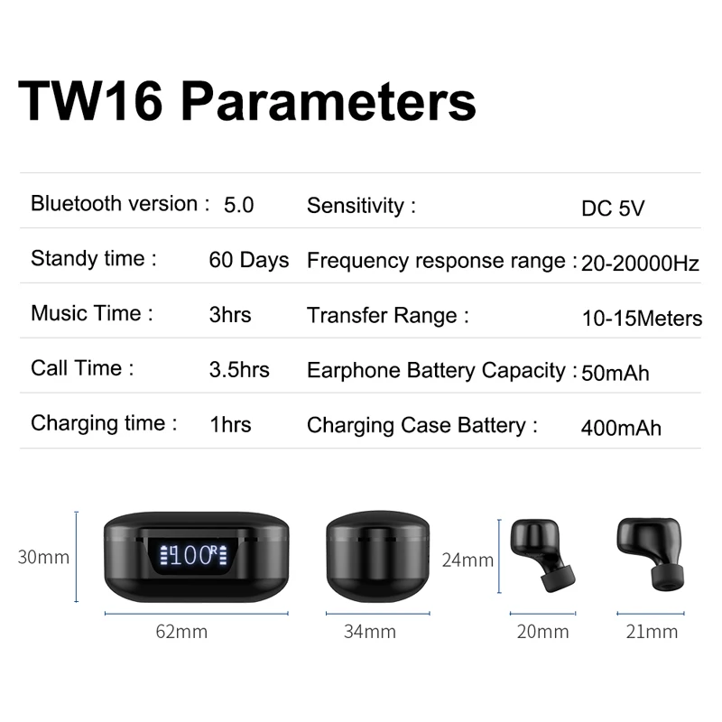 TW16 TWS Wireless Earphone Bluetooth In-Ear Earbuds Stereo Waterproof With Mic Gaming Headset LED Display Touch For Iphone Oppo
TW16 TWS Wireless Earphone Bluetooth In-Ear Earbuds Stereo Waterproof With Mic Gaming Headset LED Display Touch For Iphone Oppo