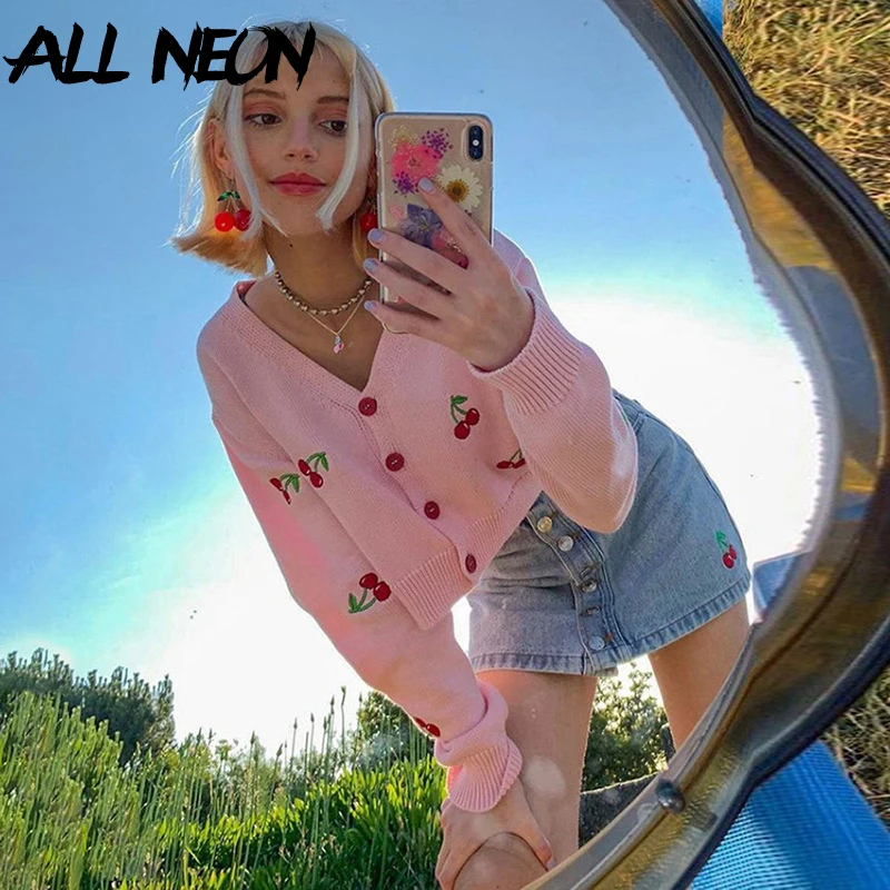 ALLNeon E-girl Kawaii Single-breasted Cherry Embroidery Knitted Cardigans Cute Outfits Loosed V-neck Long Sleeve Cropped Tops
ALLNeon E-girl Kawaii Single-breasted Cherry Embroidery Knitted Cardigans Cute Outfits Loosed V-neck Long Sleeve Cropped Tops