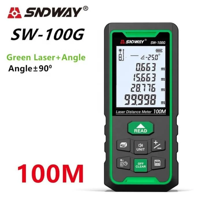 SNDWAY SW100G Home Digital Laser Distance Meter 100m Green Laser Tape Measure Rangefinder Measuring Tools With Angle Level
SNDWAY SW100G Home Digital Laser Distance Meter 100m Green Laser Tape Measure Rangefinder Measuring Tools With Angle Level