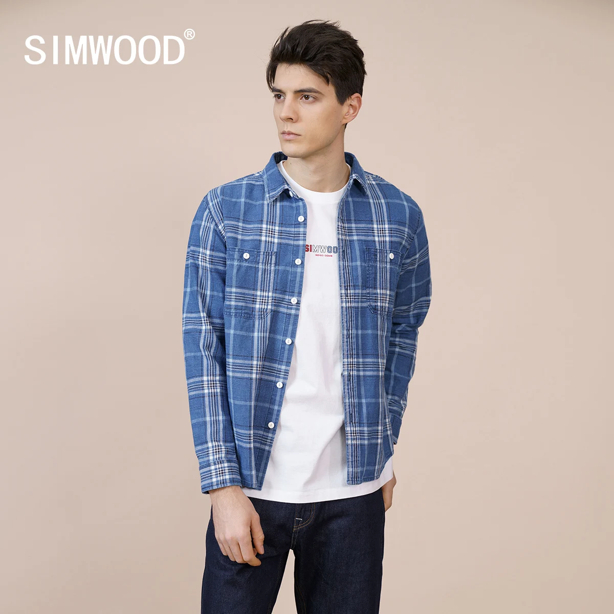 

SIMWOOD 2022 Spring New Indigo Plaid Shirts Men 100% Cotton Denim Check Shirt Plus Size Brand Clothing SK130060