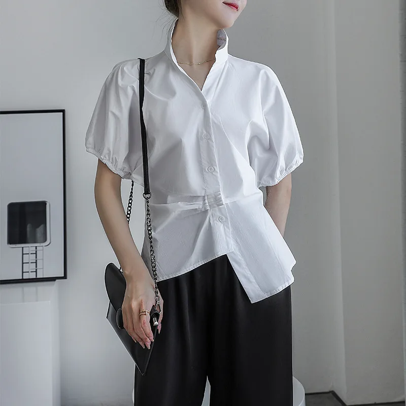 

Женские асимметричные топы Johnature, белые повседневные свободные блузки с отложным воротником и пышными рукавами, для лета, 2023
