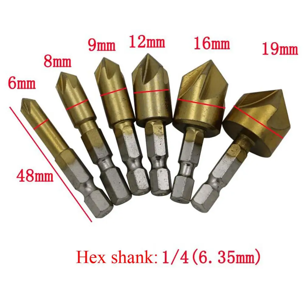 5 Flute Chamfer Countersink 1/4" Hex Shank HSS Wood Chamfering Cutter Chamfer Countersink Drill Bit
5 Flute Chamfer Countersink 1/4" Hex Shank HSS Wood Chamfering Cutter Chamfer Countersink Drill Bit