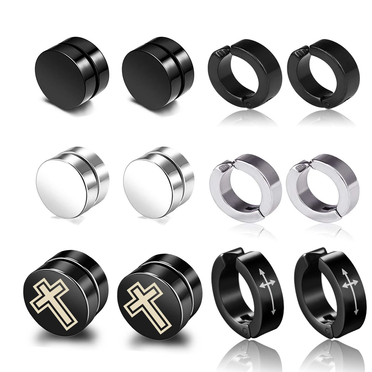 

1-6 Pairs 316L Stainless Steel Clip On Hoop Huggie Earrings Magnetic Non-Piercing Stud Earrings for Men Women Girls