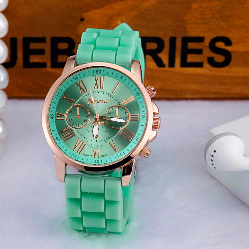 

Watch For Women Geneva Roman Numerals Silicone Jelly Gel Quartz Analog Mint Green Top Ladies Bracelet Watches
