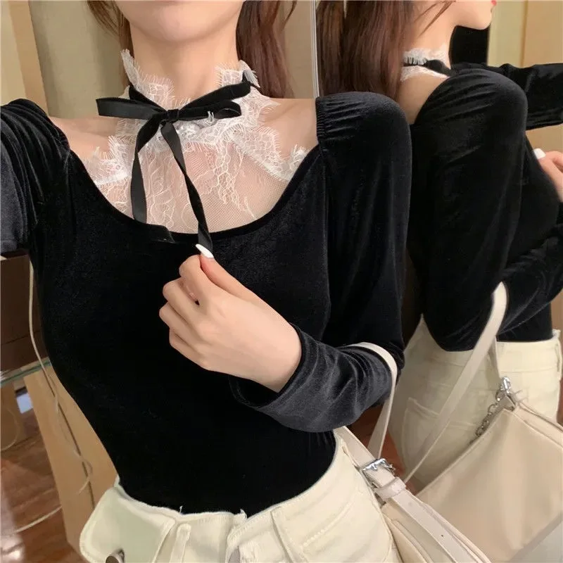 Lace Bow Blouse and Tops Women 2021 Spring Long Sleeve Elegant Slim Shirts Ladies Korean Style Solid Sexy Velvet Top Female Chic
Lace Bow Blouse and Tops Women 2021 Spring Long Sleeve Elegant Slim Shirts Ladies Korean Style Solid Sexy Velvet Top Female Chic