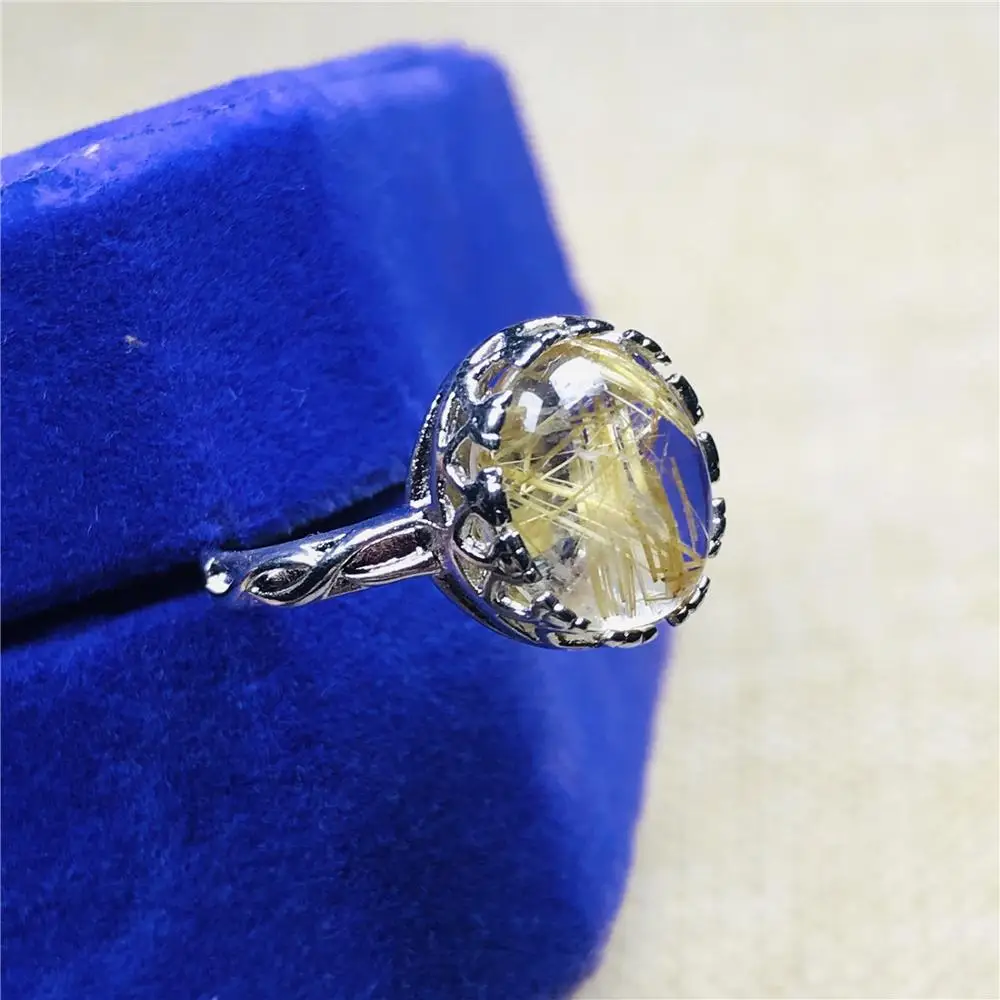 Adjustable Size Ring 12mm Natural Gold Rutilated Quartz For Woman Man 925 Silver Sterling Metal Crystal JewelryAAAAA | Украшения и