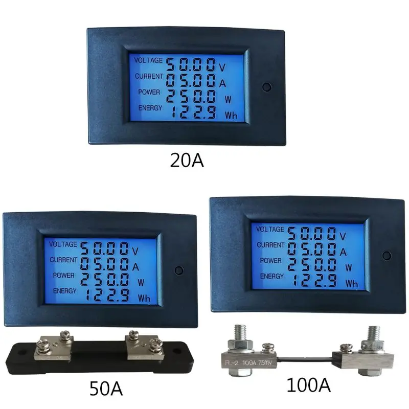 

20/50/100A DC 7.5-100V Digital LCD Voltmeter Ammeter Wattmeter Power Energy Meter Volt kwh Watt Amp