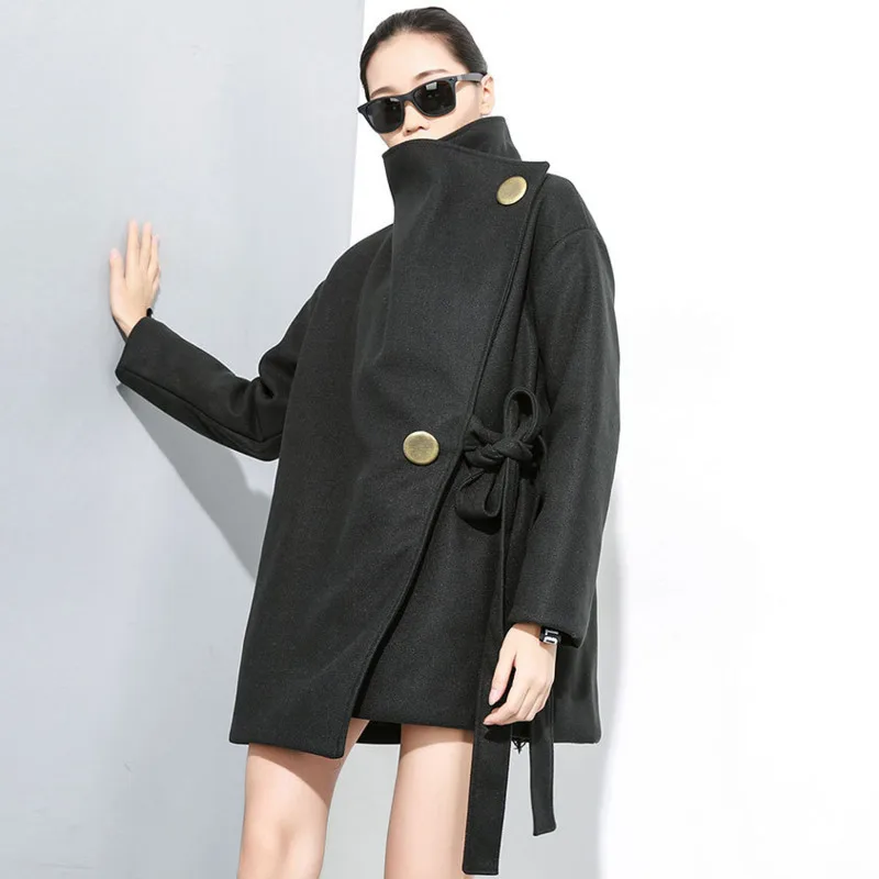 LANMREM 2019 зимнее Новое индивидуальное черное шерстяное пальто для женщин теплое с