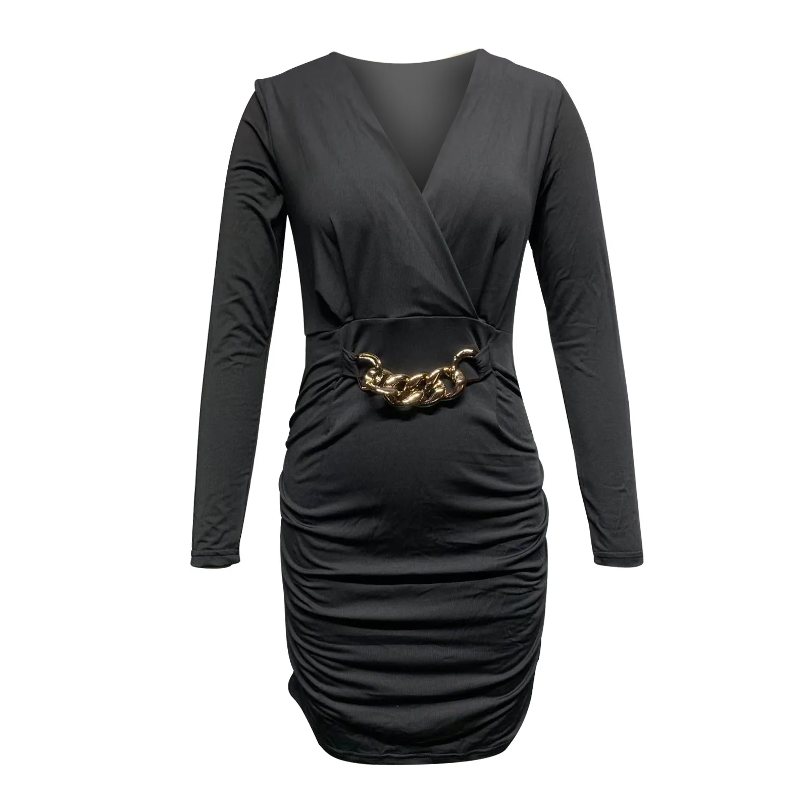 Sagace V-Neck long sleeve mid waist metal chain decoration Vintage hip casual dress black skirt
Sagace V-Neck long sleeve mid waist metal chain decoration Vintage hip casual dress black skirt