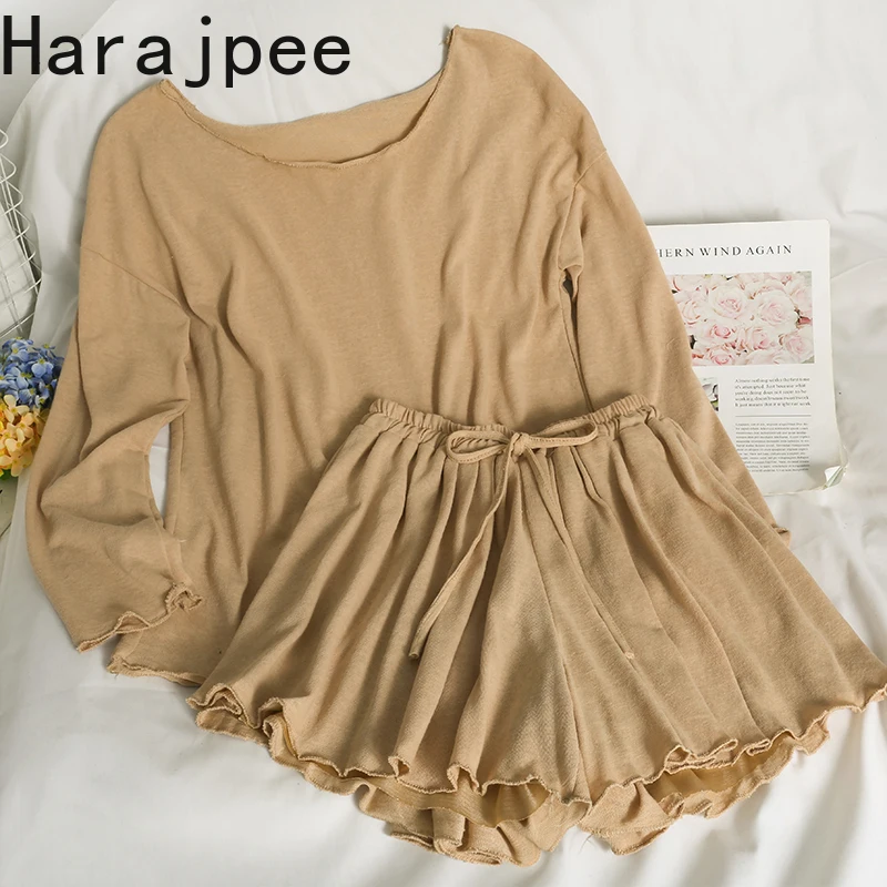 Harajpee 2021 New Loose Home Clothes Slim Round Neck Long Sleeve Simple Top Bow Tie High Waist Shorts Two-piece Summer Pajamas
Harajpee 2021 New Loose Home Clothes Slim Round Neck Long Sleeve Simple Top Bow Tie High Waist Shorts Two-piece Summer Pajamas