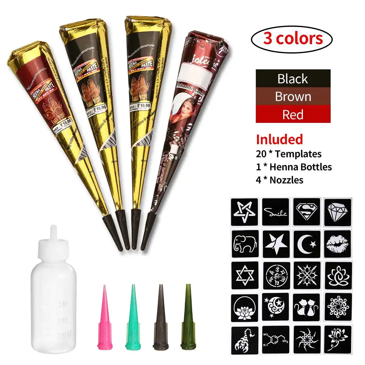 4Pcs Henna Tattoo Paste Black Brown Henna Cones Indian For Temporary Tattoo Sticker Body Paint Art Cream Cone Set with Stencils
4Pcs Henna Tattoo Paste Black Brown Henna Cones Indian For Temporary Tattoo Sticker Body Paint Art Cream Cone Set with Stencils