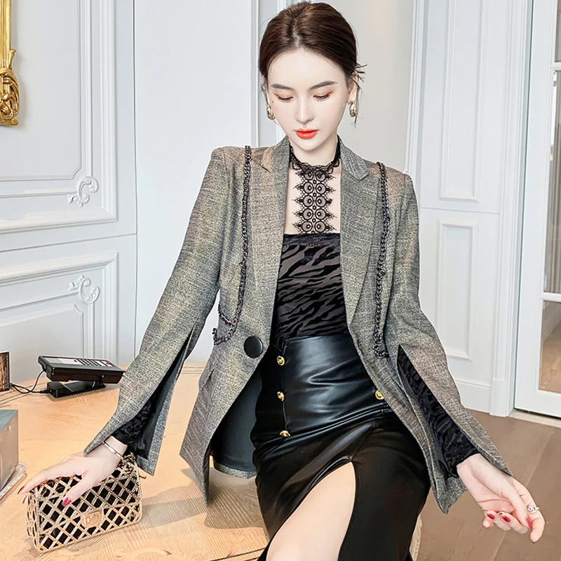 Fashion Korean Women OL Vintage Temperament Single-breasted Notched Neck Chain Female Split Long Sleeve Coat Suit Jacket Blazer
Fashion Korean Women OL Vintage Temperament Single-breasted Notched Neck Chain Female Split Long Sleeve Coat Suit Jacket Blazer