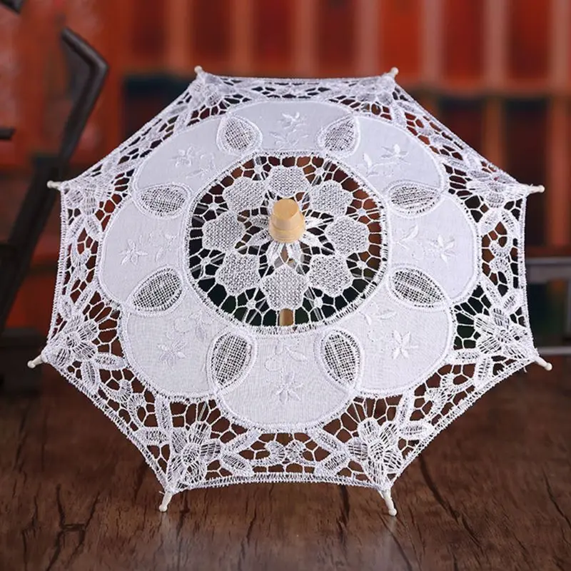 

Зонтик женский свадебный с вышивкой, ажурный кружевной зонтик невесты, романтический реквизит белого цвета с деревянной ручкой, 8 ребер