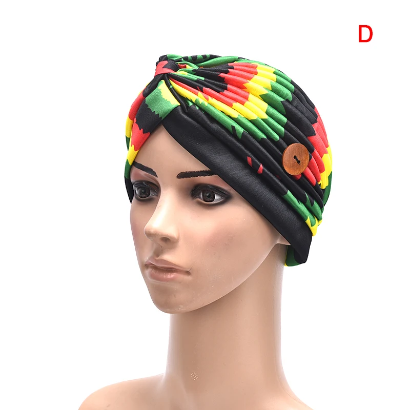 Women Fashion Button Headband Head Wrap Facemask Holder Stretchy Printing Turban Hat Headscarf