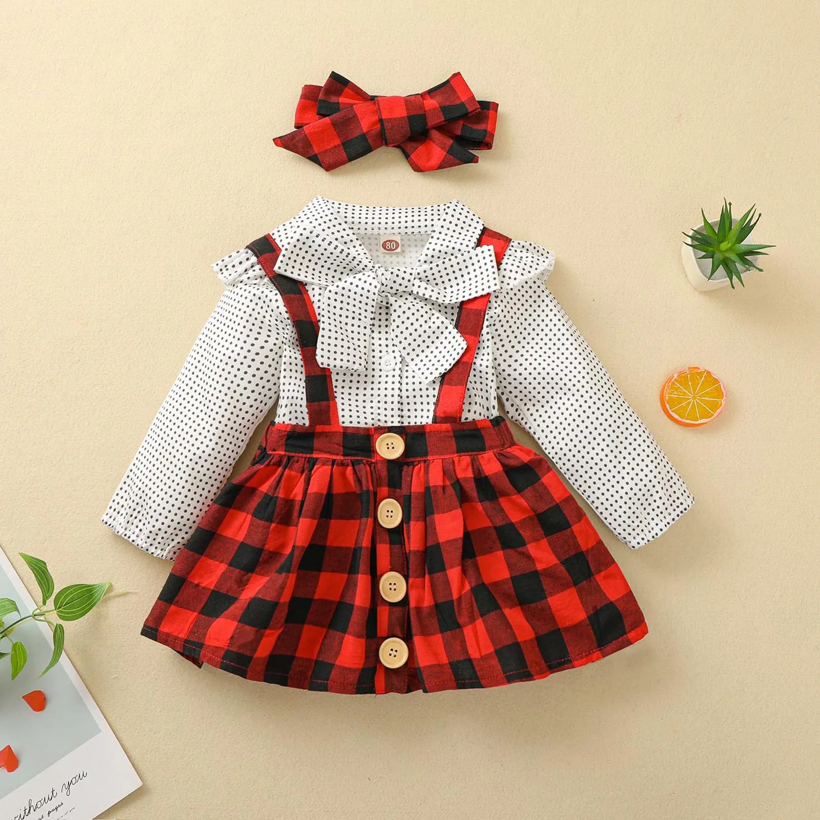 Baby Girls Three-piece Clothes Set, Long Sleeve Blouse and Plaid Printed Pattern Suspender Skirt and Headdress Christmas
Baby Girls Three-piece Clothes Set, Long Sleeve Blouse and Plaid Printed Pattern Suspender Skirt and Headdress Christmas