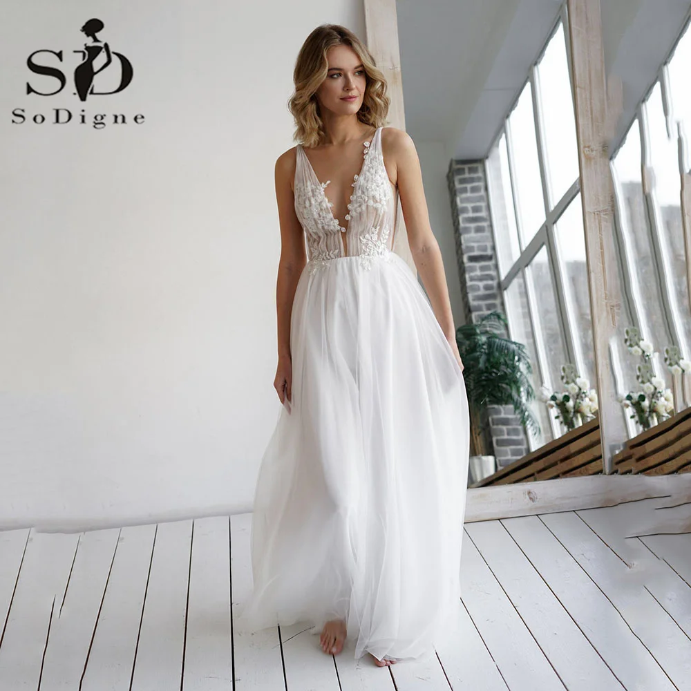 SoDigne Boho Beach Wedding Dresses Sexy V Beck Sleeveless Bridal Dress 3D Flower Tulle Bridal Gowns vestido de noiva
SoDigne Boho Beach Wedding Dresses Sexy V Beck Sleeveless Bridal Dress 3D Flower Tulle Bridal Gowns vestido de noiva