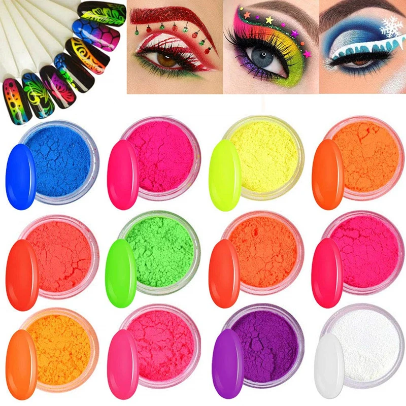 

12 Colors Fluorescent Powder Pigment Nail Powder, Color Nail Pigments Dust Nail Glitter, Neon Pigment Eyeshadow Powder Makeup