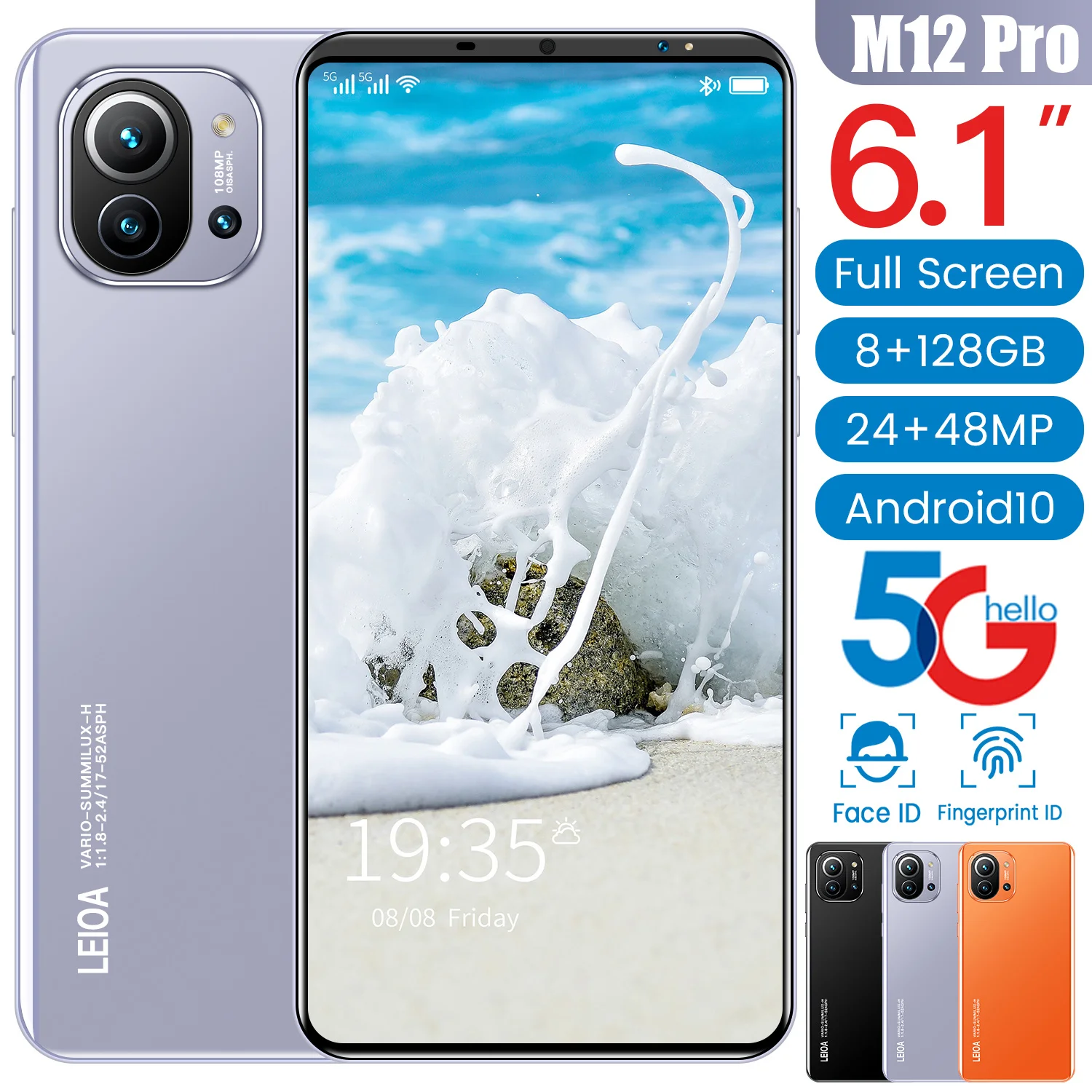 New Arrival M12 Pro 6.1Inch Full Screen 5G Smartphone 24MP+48MP MTK6595 10Core 4800MAH 8+256GB Finger Face ID Dual SIM Android10
New Arrival M12 Pro 6.1Inch Full Screen 5G Smartphone 24MP+48MP MTK6595 10Core 4800MAH 8+256GB Finger Face ID Dual SIM Android10