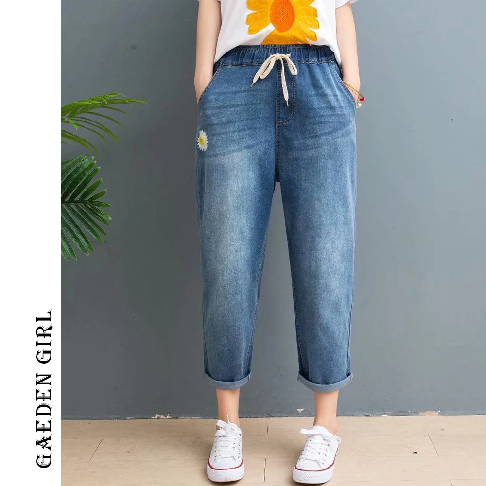 Женские джинсы GG, свободные, с эластичной талией и вышивкой, на весну и лето, 7713 
Женские джинсы GG, свободные, с эластичной талией и вышивкой, на весну и лето, 7713