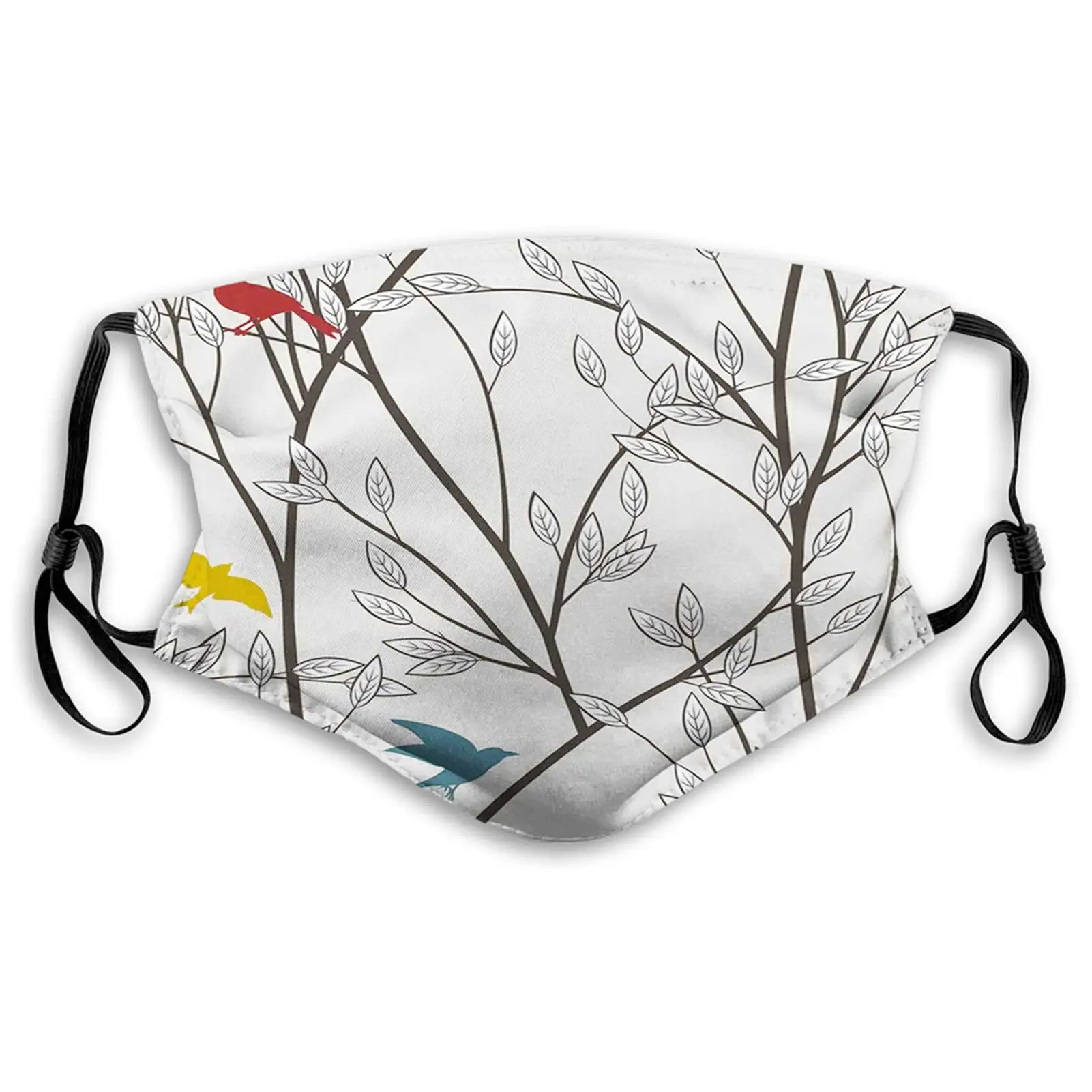 

Nature, Birds Wildlife Cartoon Like Image with Tree Leaf Art Print,Grey Maroon Blue and Mustard Mouth Cover for Women,Face Mask