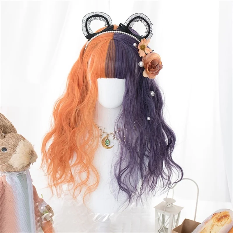

Косплей микс 60 см Лолита Оранжевый Фиолетовый Омбре длинные вьющиеся челки Симпатичные синтетические волосы и Хэллоуин дьявольские рога к...