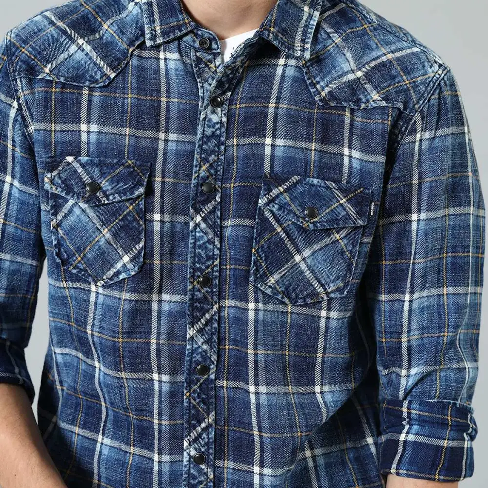 Рубашка SIMWOOD Мужская джинсовая в клетку винтажная размера плюс рубашка из денима