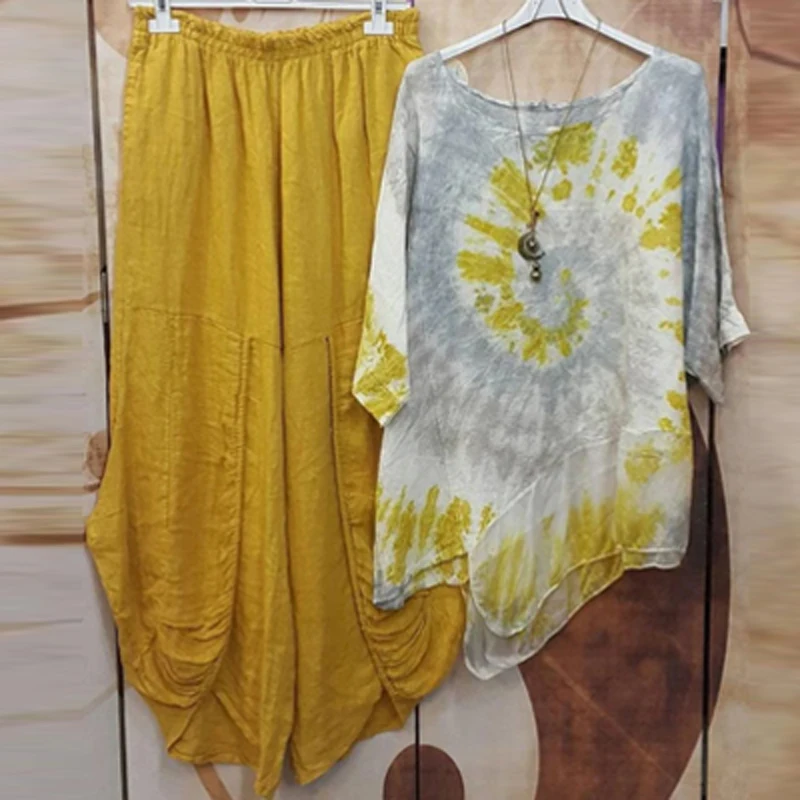Spring Tie-dye Print Cotton Linen Homewear Suit Long Sleeve O Neck Pullover and Harem Pants Women Sets Autumn Loose 2pcs Outfits
Spring Tie-dye Print Cotton Linen Homewear Suit Long Sleeve O Neck Pullover and Harem Pants Women Sets Autumn Loose 2pcs Outfits