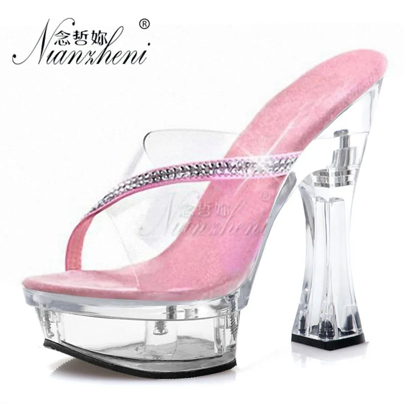 

6 inches Fashion Rhinestone Shallow Hollow Open Toe Women's Slippers 14CM Super High heeled shoes Clear Spool heels Party Dress