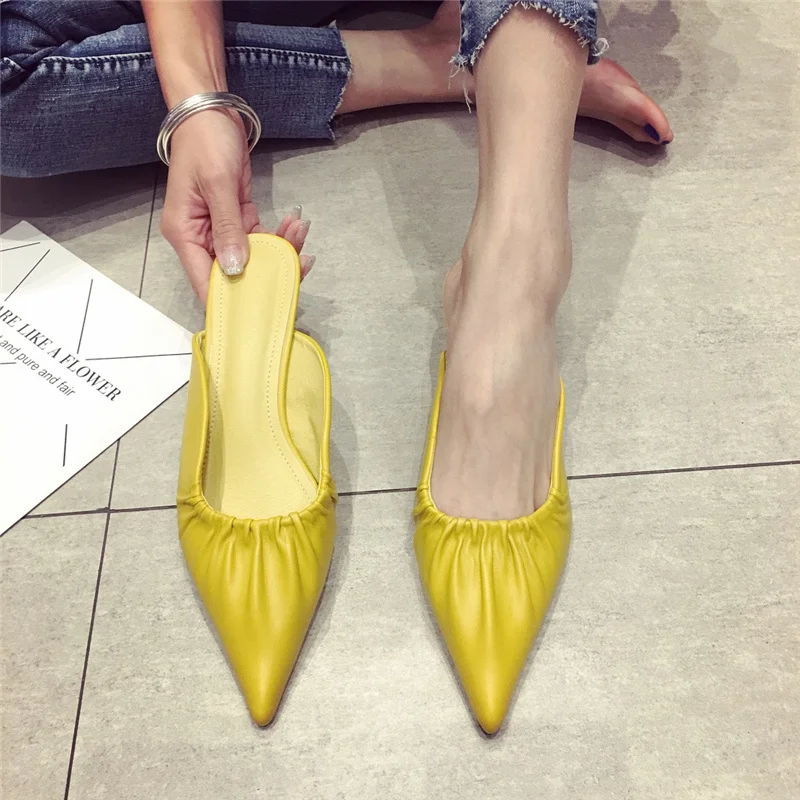2020 Summer New Elegant Women Yellow Beige Low Heels Slides Mules Pointed Toe Slippers Designer Rose Red High Shoes | Обувь