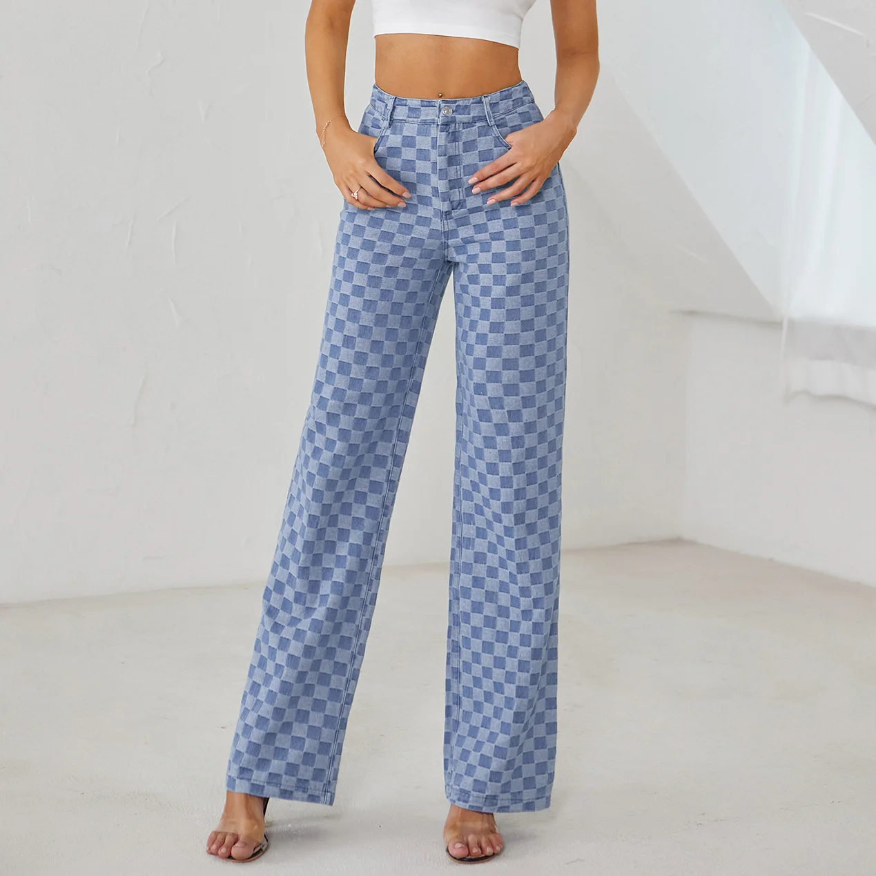 

High Fashion Blue Plaid Print Palazzo Pants Women Button Fly Straight Wide Leg Pants Long Slacks High Waist Checked Trousers