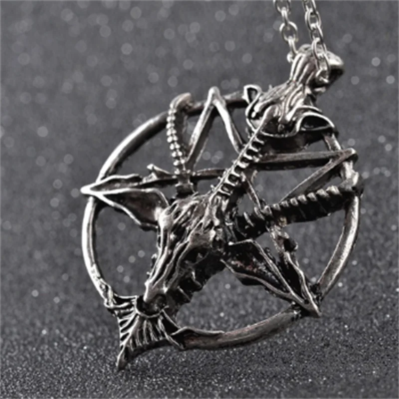 

Fashion Retro Pentagram Pan God Skull Goat Head Pendant Necklace Luck Satanism Occult Metal Vintage Silver Plated Star Wholesale