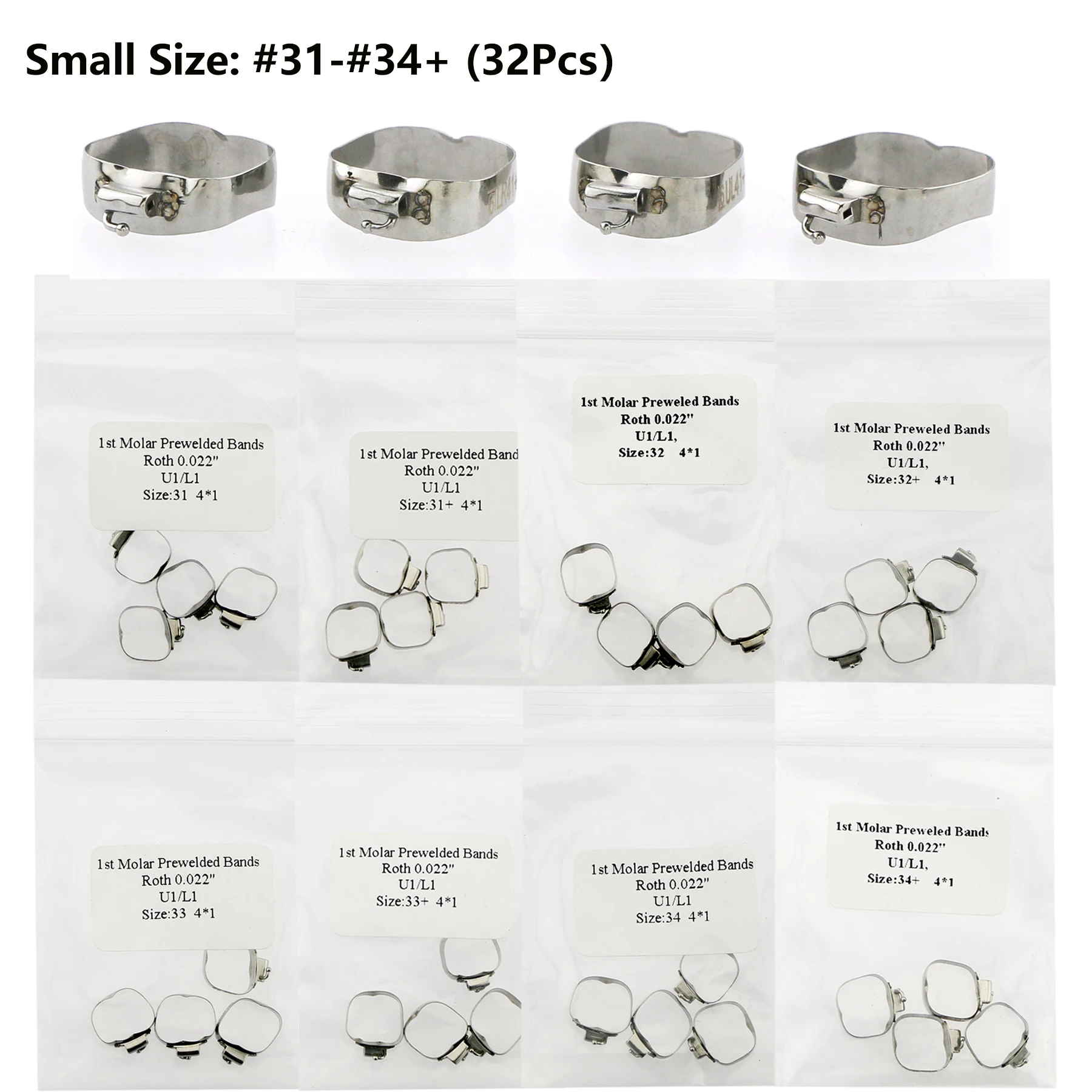 32 Pcs Dental Orthodontic Metal Bands Size #31 to #34+ ROTH 0.022 1st Molar With Tubes
32 Pcs Dental Orthodontic Metal Bands Size #31 to #34+ ROTH 0.022 1st Molar With Tubes