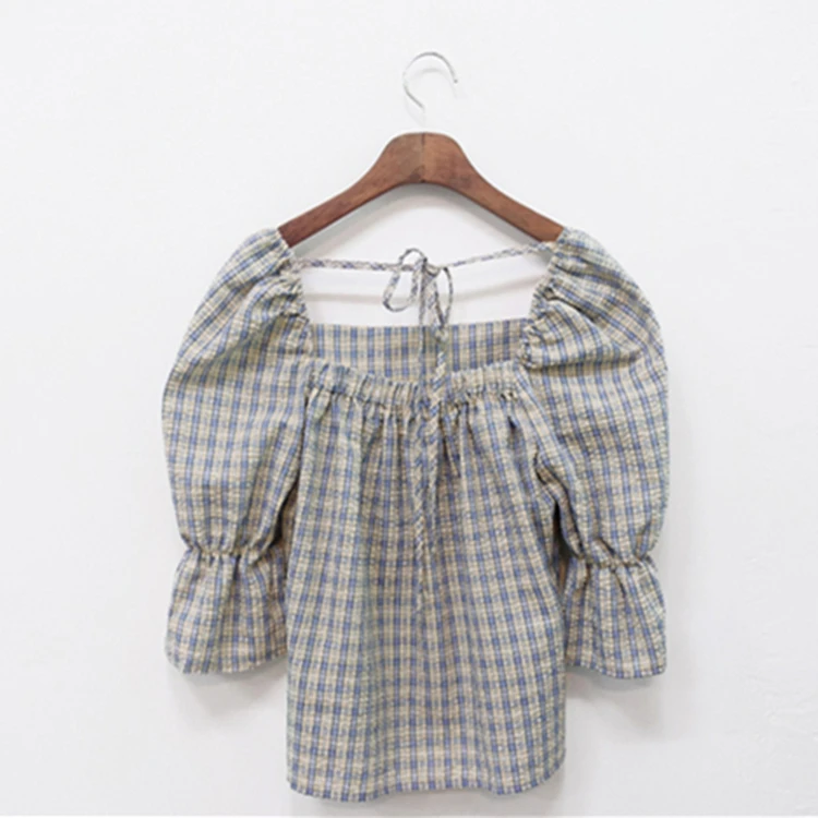 Женская винтажная Блузка в клетку Повседневная рубашка с квадратным вырезом и