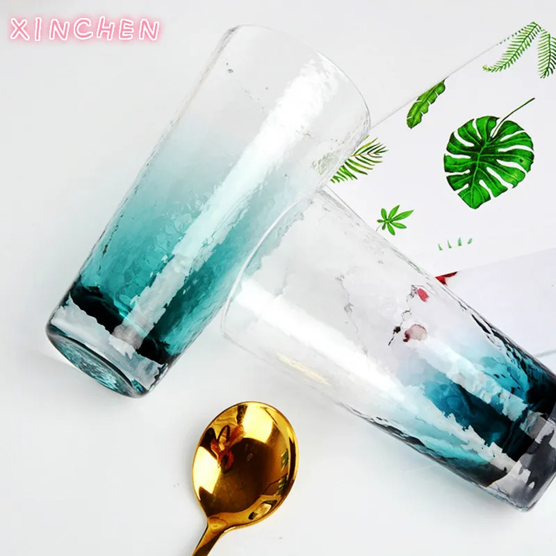 

XINCHEN 2020 Nordic Aegean Gradient Blue Hammer Grain Transparent Glass Household Water Cups Milk Cups Teacup Beer Mug