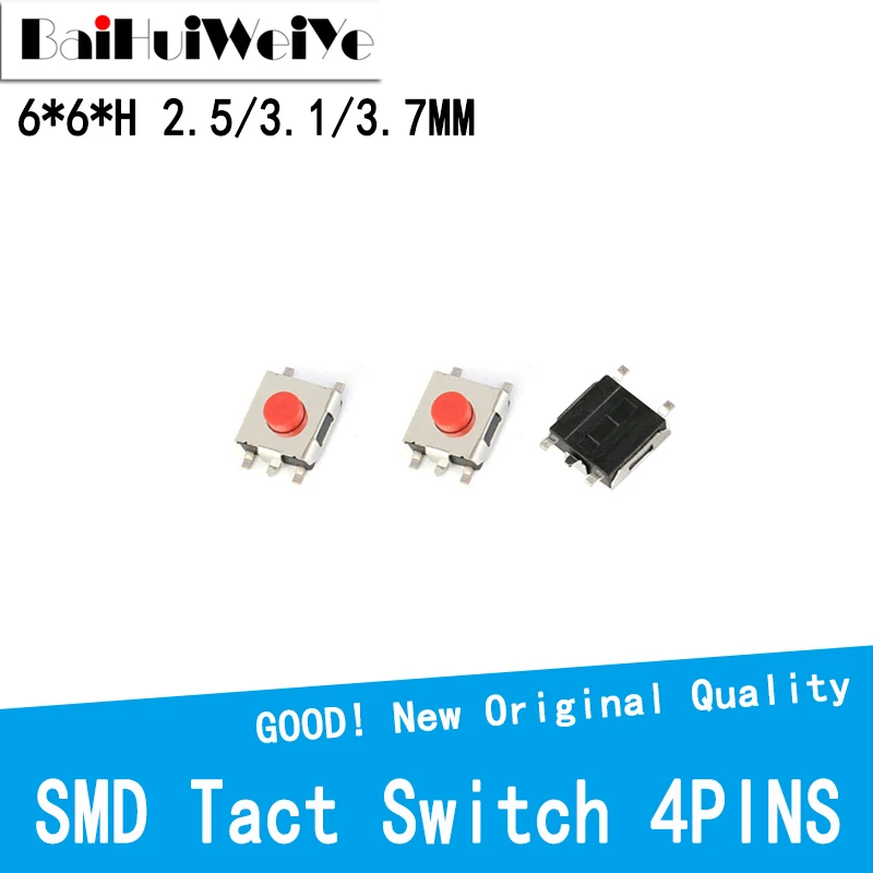 100PCS/LOT 6*6*2.5 / 3.1 / 3.7 mm SMD Switch 5 Pin Feet Touch Micro Switch Push Button Switches Red 6X6 Tact Switch 
100PCS/LOT 6*6*2.5 / 3.1 / 3.7 mm SMD Switch 5 Pin Feet Touch Micro Switch Push Button Switches Red 6X6 Tact Switch