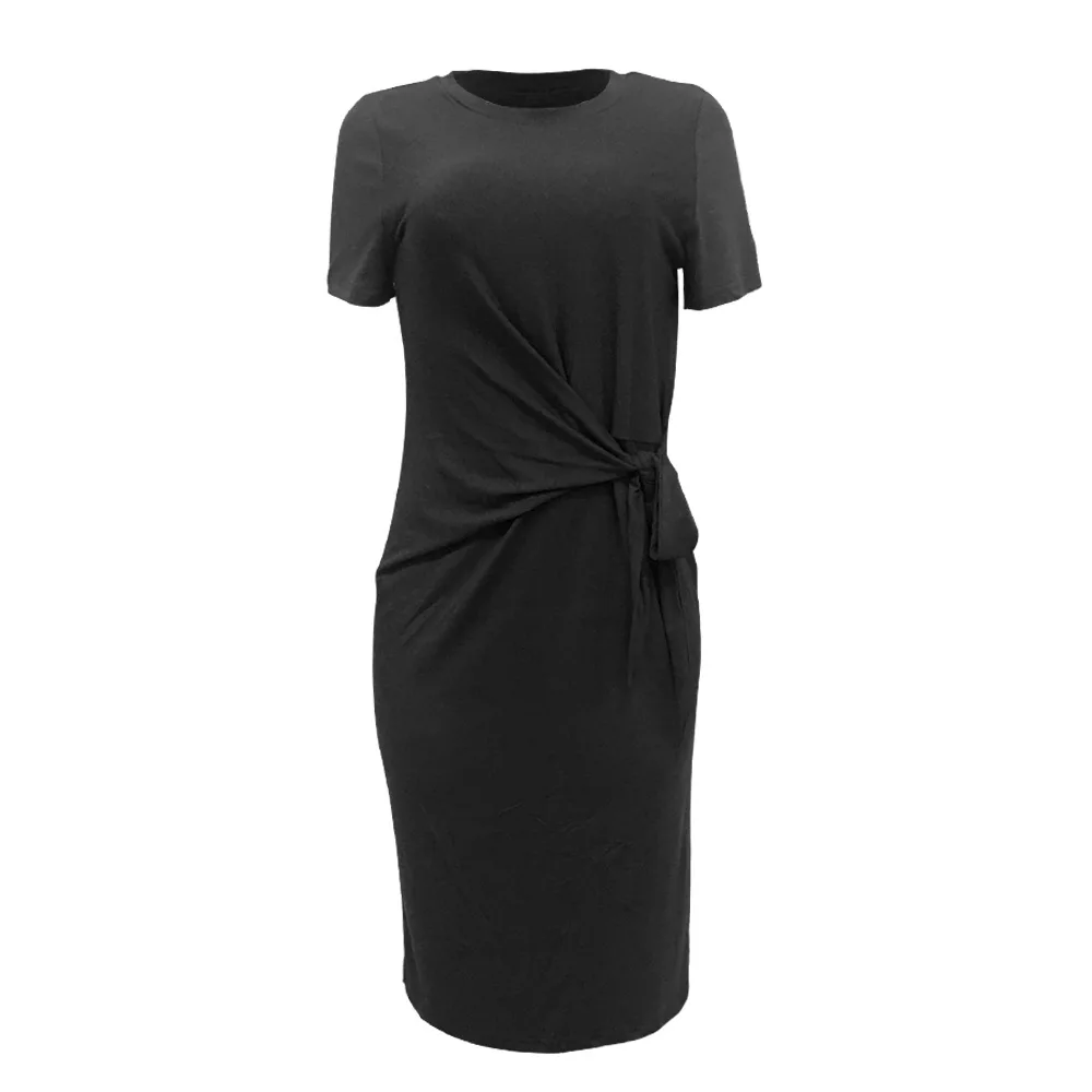 

Ruched Bow-knot Spliced Casual Women Dress Classic Scoop Neck Short Sleeve Knee Length Dress Office Lady Solid Party Club Dress